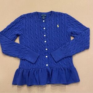 Ralph Lauren Girl’s Cable Knit Cardigan Ruffle/Peplum Hem Blue Size L (12-14)